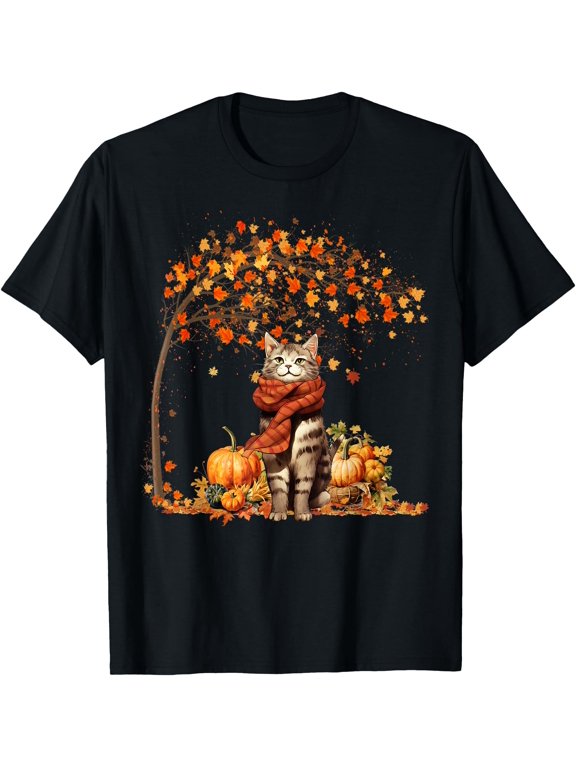 Cat Leaf Fall Hello Autumn Cat Kitten Lover Thanksgiving T-Shirt