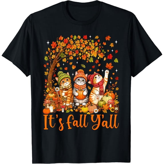 Cat Leaf Fall Tree Hello Autumn Thanksgiving T-Shirt