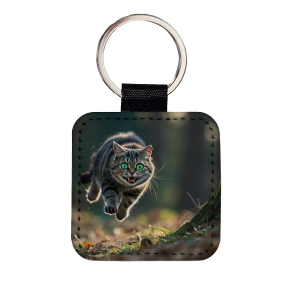 Cat Leaping Green Eyes Funny Faux Leather Square Keychain