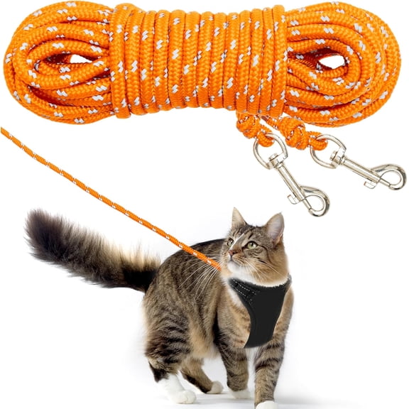 Cat Leash - 15 ft / 30 ft Reflective Long Cat Leash Outdoor for Walking Training Playing - Escape Proof Yard Lead Pet Leash Also for Cats, Small Dogs, Puppy, Kitten, Rabbit Orange,30 FT