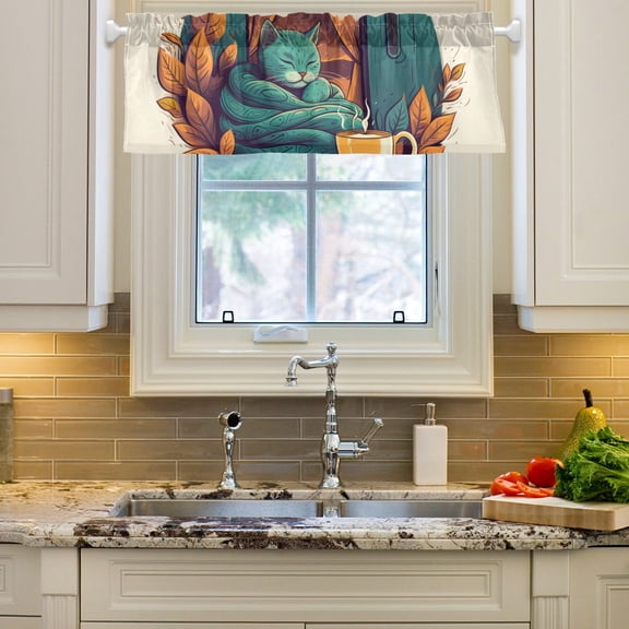Cat Leaves Cup Blanket Curtain Valances Farmhouse Design Window Treatment Decor Blackout Rod Pocket for Windows Living Room Kitchen 54" x 18"