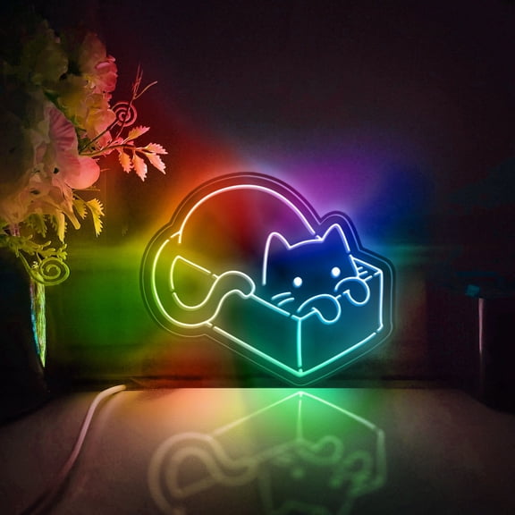 Cat Led Light Box, Dimmable Neon-Like Light Signs USB Power for Wall Decor Bedroom Decoration, Color Flow Effect (WxH) 6"x5"