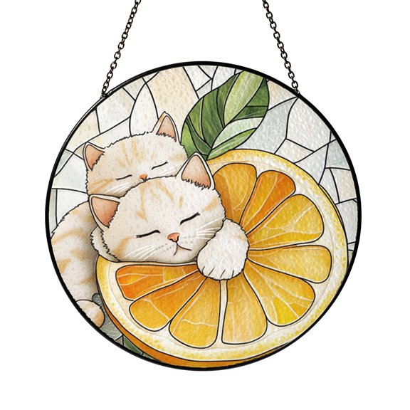 Cat Lemon Citrus Stained Glass Style Suncatcher Window Hanging Decor, Playful Feline Decorative Acrylic Panel Ornament for Kitchen Window Art and Fruit Inspired Home Decor
