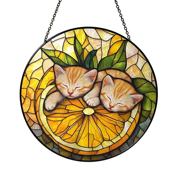 Cat and Lemon Stained Glass Style Window Suncatcher Hanging Decor, Playful Feline Citrus Decorative Acrylic Panel Ornament for Kitchen Window Art and Fruit Theme Home Decoration