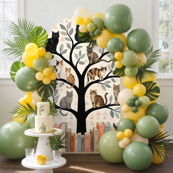 Cat Library Arch Backdrop Cover, 5FT, Cartoon Pet Portrait Book Tree Vintage Geometric Spandex Arch Covers Double-Sided Backdrop for Wedding Birthday Party Photo Background Decoration