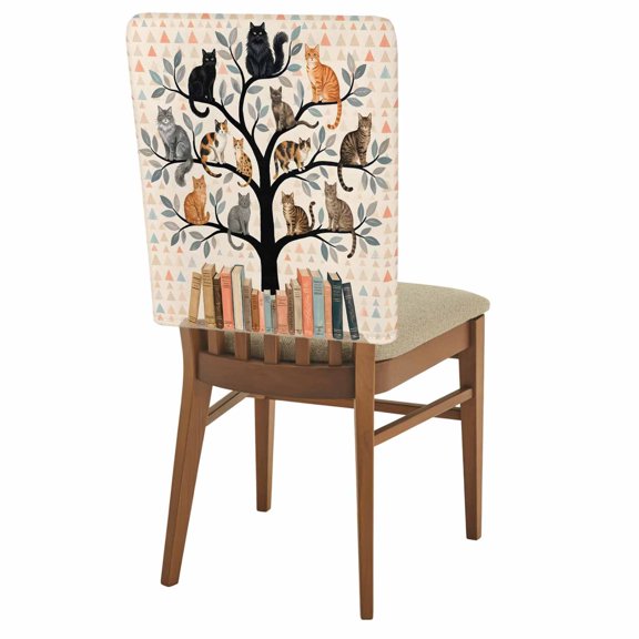 Cat Library Chair Back Covers Set of 8 Cartoon Pet Portrait Book Tree Vintage Geometric Removable Dining Chair Slipcovers Washable Seat Protector for Restaurant Party Banquet Kichen Decor