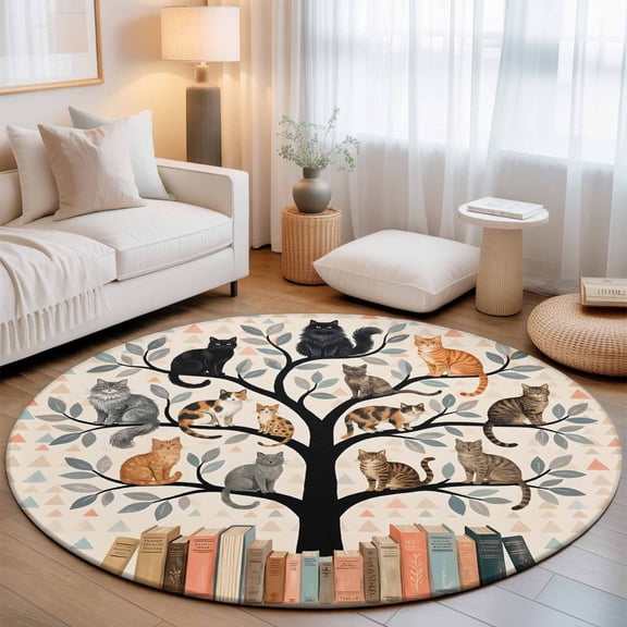 Cat Library Round Living Room Rugs 6 ft, Cartoon Pet Portrait Book Tree Vintage Geometric Washable Area Rug with Non-Slip Sturdy Edge Binding Round Carpet for Kitchen Office Bedroom