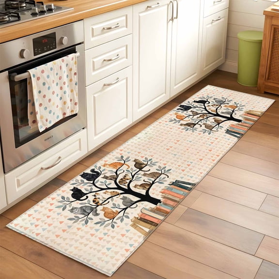 Cat Library Runner Rug Non Slip 2x6 Cartoon Pet Portrait Book Tree Vintage Geometric Washable Rug Runner for Hallways Low Pile Kitchen Rugs Stain Resist Carpet for Bathroom Bedroom Entryway