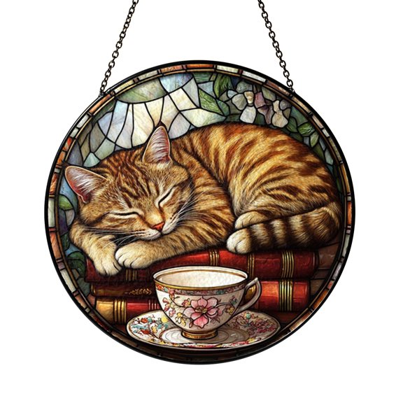 Cat Library Scene Glass Style Window Hanging – Home Decoration