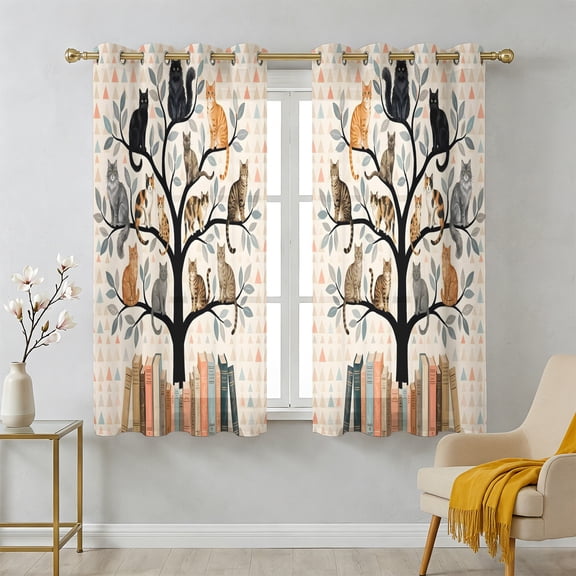 Cat Library Sheer Curtains 39 Inch Long 2 Panels, Cartoon Pet Portrait Book Tree Vintage Geometric Light Filtering Semi Sheer Drapes Grommet Voile Window Curtain for Living Bedroom W27.9 x L39