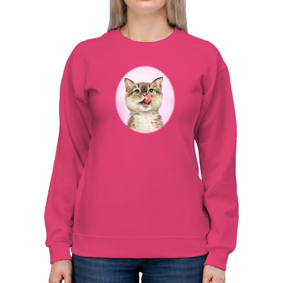 Cat Licking Face Sweatshirt Women -Kayomi Harai Designs, Female Large