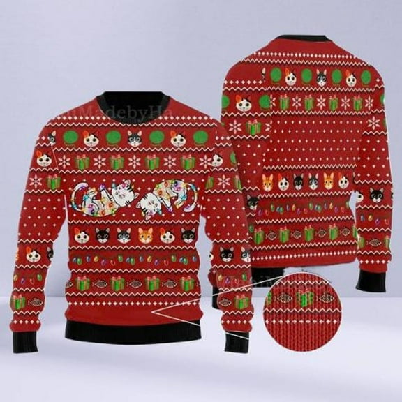 Cat Light 3D Christmas Sweater | Funny Holiday Pullover for Cat Lovers | Hilarious Xmas Party Sweater Gift Idea