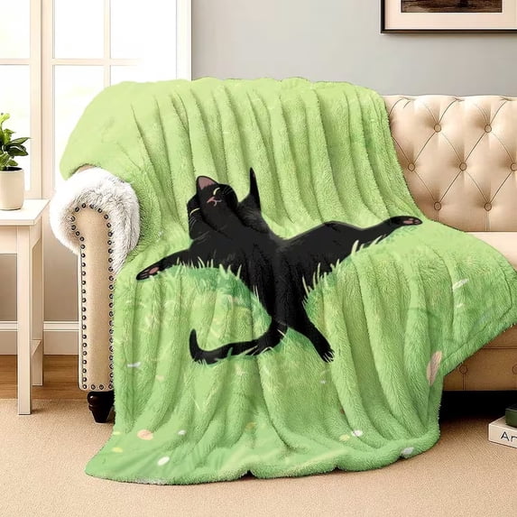 Cat Lime Green Pattern Print Flannel Throw Blanket