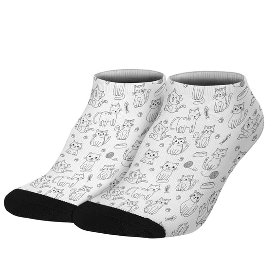 Cat Line Art White Pattern Women's Ankle Socks, Low Cut Daily Trainer ...