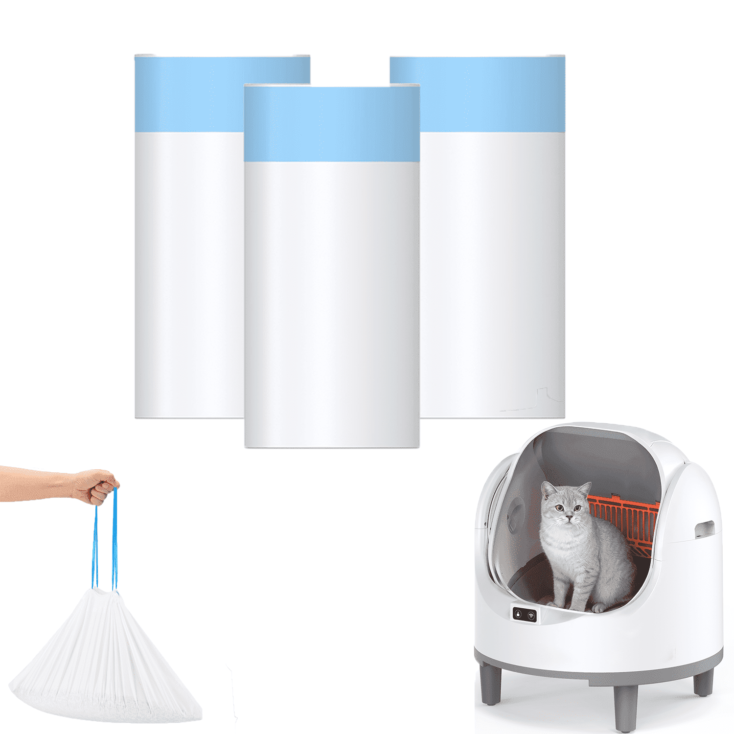 Cat Litter Bags, 45 Pack Drawstring Trash Bags for Dlopede Automatic Self-Cleaning Cat Litter Box, 25.6"x15.35" Heavy-Duty Replacement Liners, Leak-Proof & Tear-Resistant, 3 Rolls