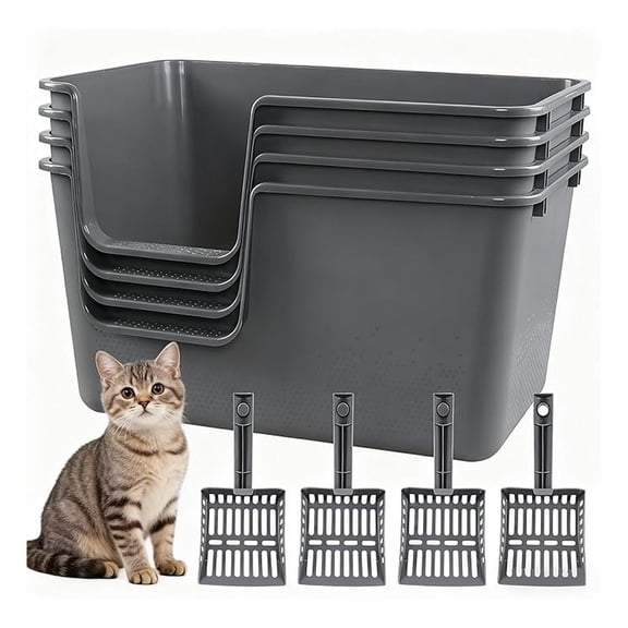 Cat Litter Box 4 Pack, Extra Large Open Top Litter Pan for Big Cats, Low Entry Senior Kitty Litter Pen, Grey Plastic Tray