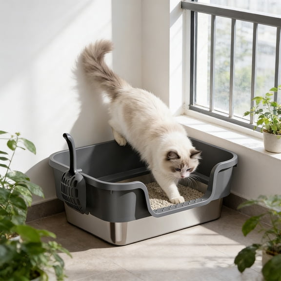 Cat Litter Box - Anti Leakage Indoor Pet Toilet, Sturdy Easy Clean Litter Pan, High Side Containment Design, Odor Control Feature, Stable Non Slip Base, Apartment Bedroom Use (1PC, Dark Gray)