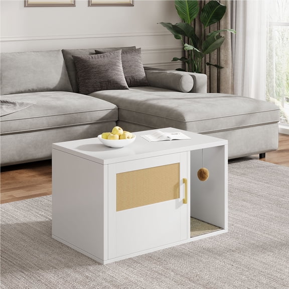 Cat Litter Box Cabinet Multifunctional White Modern Cat House Washroom End Table for Bedroom Living Room