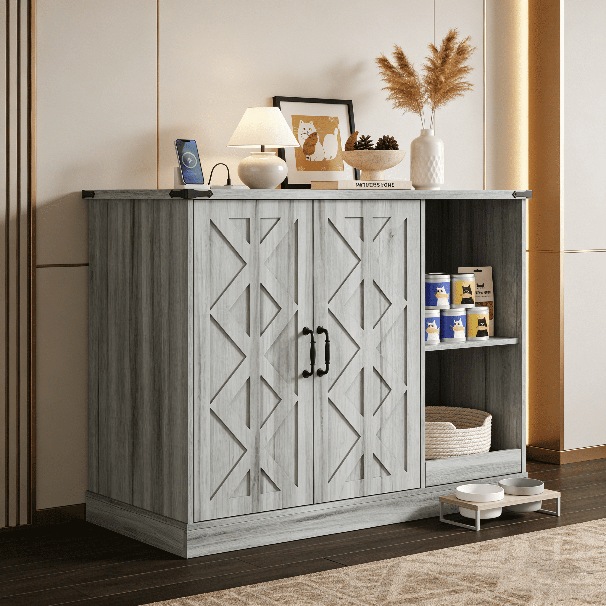 Cat Litter Box Cabinet with Power Outlet, Modern Hidden Litter Box Furniture for Large Automatic Litter Boxes, Enclosure with Litter Catcher, Adjustable Storage Shelves, Gray Finish