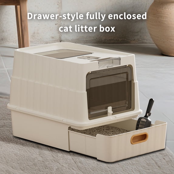 Cat Litter Box, Drawer-Style Enclosed Large Odor-Control Kitty Toilet with Pull-Out Tray, for Kittens, Big Cats & Multi-Cat Homes, White