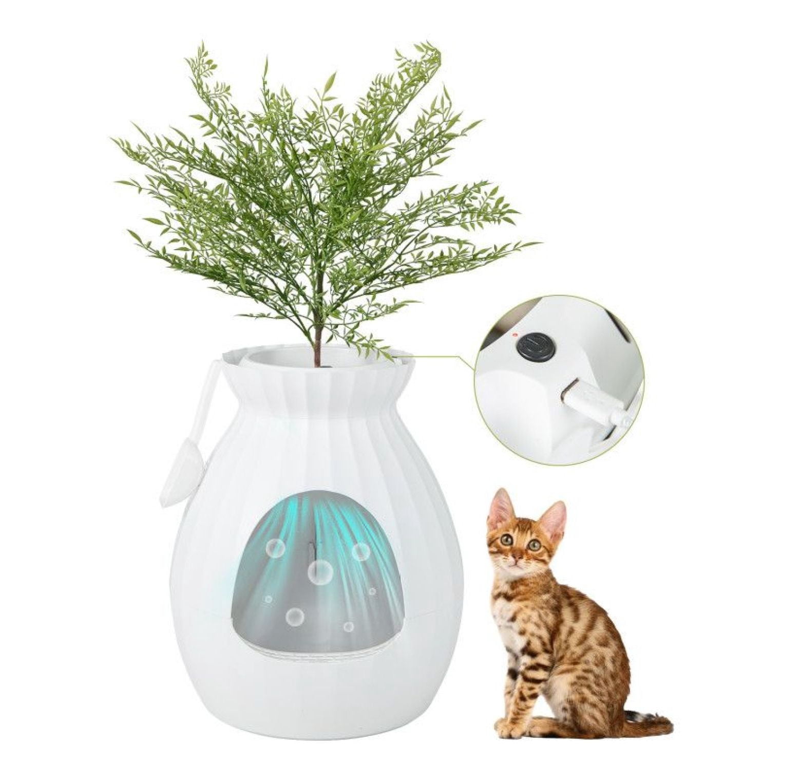 Cat Litter Box with Electronic Odor Removal, Plant Design Enclosed Litter Box with Door, ABS Durable Construction, Easy Clean, White+Green, 63L Capacity