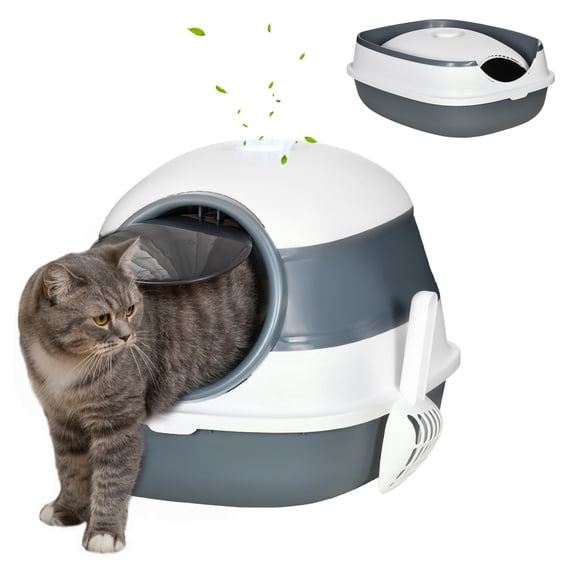 Cat Litter Box Enclosed, Dome Cat Toilet with Door & Scoop, White/Gray