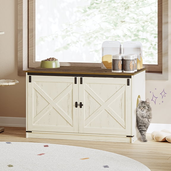 Hzuaneri 39.4 inch Cat Litter Box Enclosure, Hidden Litter Box Furniture Cabinet with Cushion for Cat, Wooden Cat House Reversible Entrance Left or Right Side, Rustic White and Brown