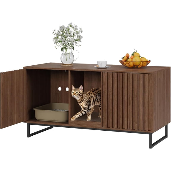 Cat Litter Box Enclosure for 2 Cats, 47.6 Litter Box Furniture Hidden with Scratch Pad, Double Room Large Cat Cabinet, Indoor Pet House TV Stand Side Table,Cats Washroom, Brown