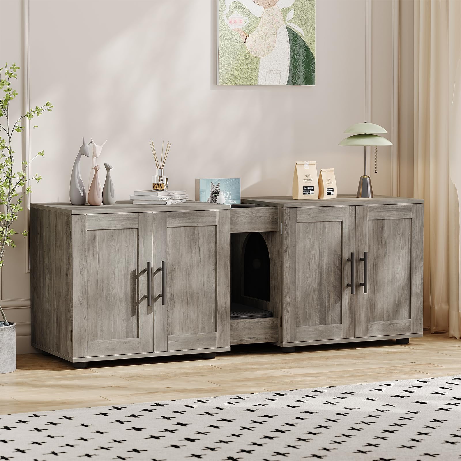 Cat Litter Box Enclosure for 2 Cats, 55" Hiddden Litter Box Enclosure Furniture 3-in-1 Wooden Litter Cabinet with Barn Door & Double Rooms for Bedroom Living Room