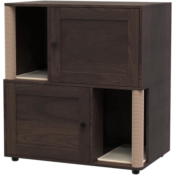 Cat Litter Box Enclosure for 2 Cats, Double Hidden Litter Box Furniture Cabinet with 2 Scratch Mat and Scratch Post, Modern Farmhouse Wooden Enclosed Cat Washroom, End Side Table