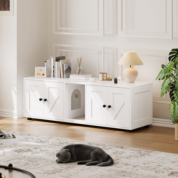 Cat Litter Box Enclosure for 2 Cats, Hidden Litter Box Furniture Cabinet with Double Room, Double Cat Litter Box Enclosure, Indoor Cat House, 43.4 x 18.1 x 17.7 Inches