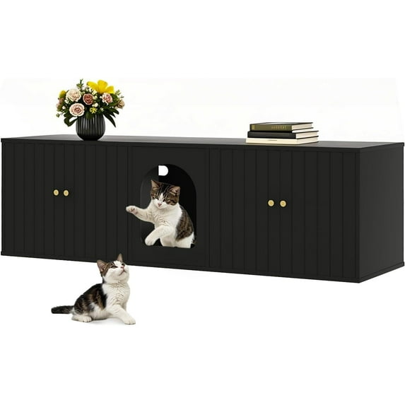 Cat Litter Box Enclosure for 2 Cats, Litter Box Furniture with Double Room, Central Entry, and Dual Use as TV Stand for Living Room, Black (Grounded Version)