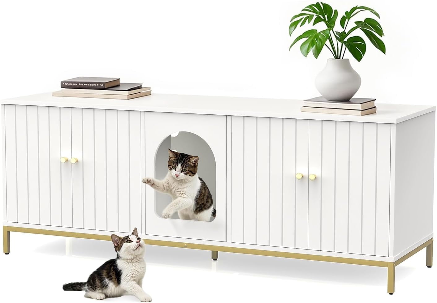 Cat Litter Box Enclosure for 2 Cats, Litter Box Furniture with Double Room, Central Entry, and Dual Use as TV Stand for Living Room, White (Elevated Version)