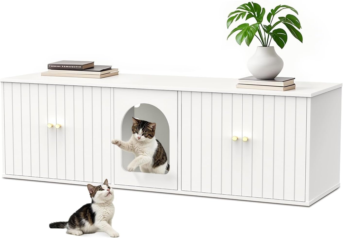 Cat Litter Box Enclosure for 2 Cats, Litter Box Furniture with Double Room, Central Entry, and Dual Use as TV Stand for Living Room, White (Grounded Version)
