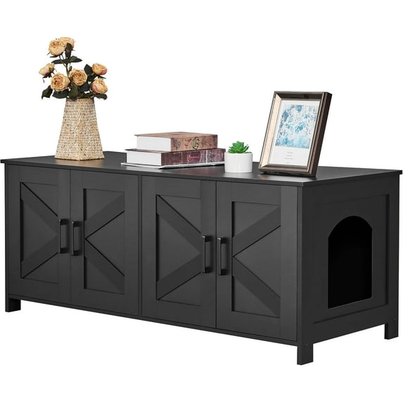 Cat Litter Box Enclosure for 2 Cats, Litter Box Furniture Hidden with Double Room,Wooden Cat Washroom Furniture,Cat House,47.2”L x 19.7”W x 19.7”H,Black