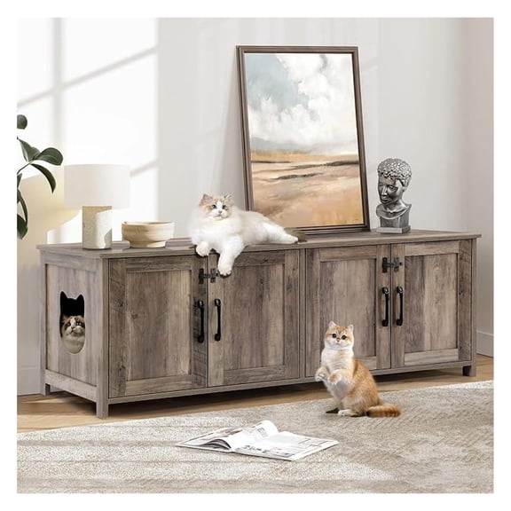 Cat Litter Box Enclosure for 2 Cats - Litter Box Furniture with Lockable Door,Wooden Cat Washroom Furniture with Double Room,Cat House,Hideaway Litter Box,Greige