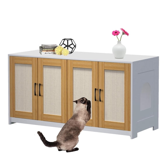 Cat Litter Box Enclosure for 2 Litter Boxes,47'' Hidden Litter Box Enclosure with Double Room,Large Hidden Decorative Litterbox Cabinet Furniture,Wooden Cat House TV Stand Sideboard with 4 Sisal Doors