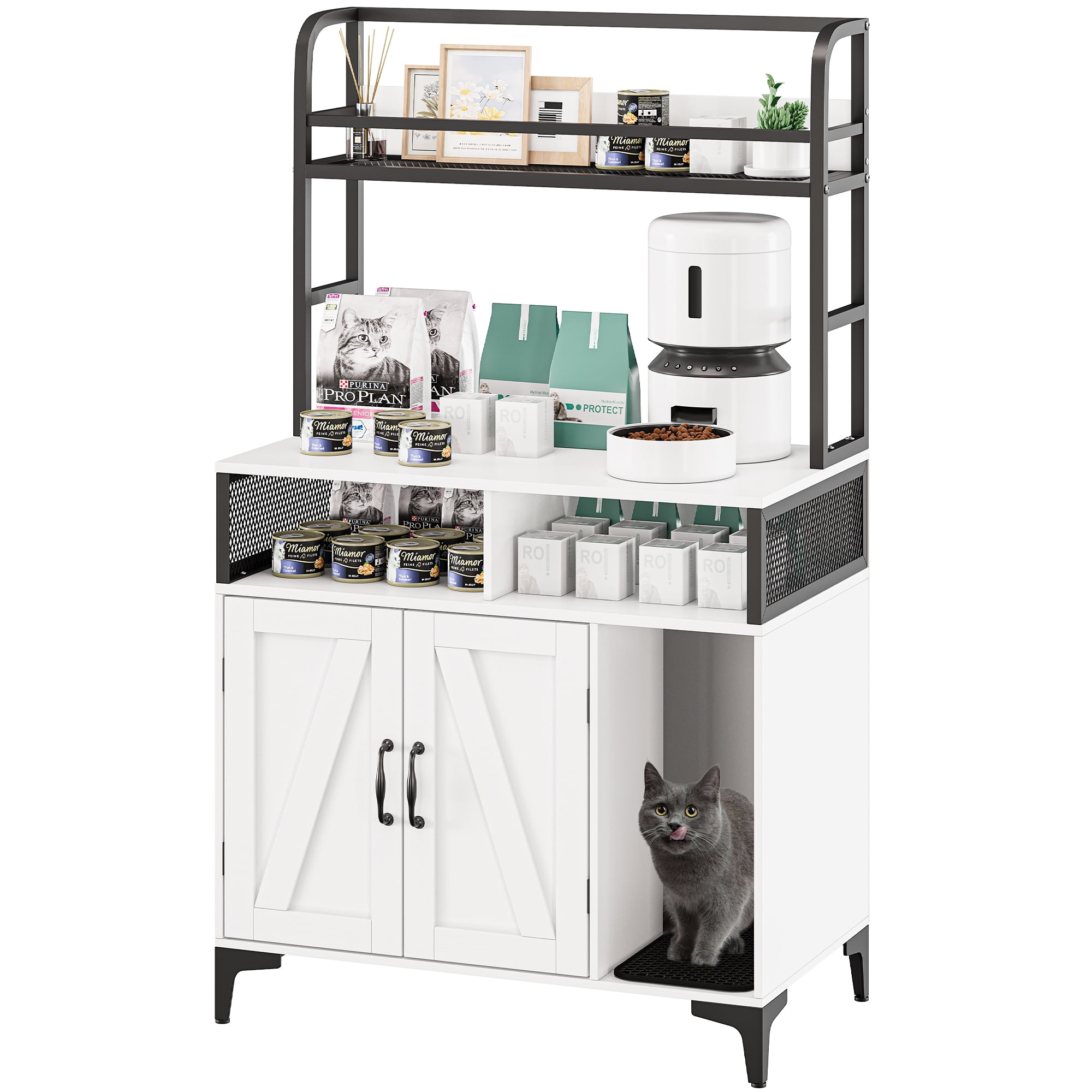 Cat Litter Box Enclosure, 3 Shelves, Modern Style, Hidden Litter Box