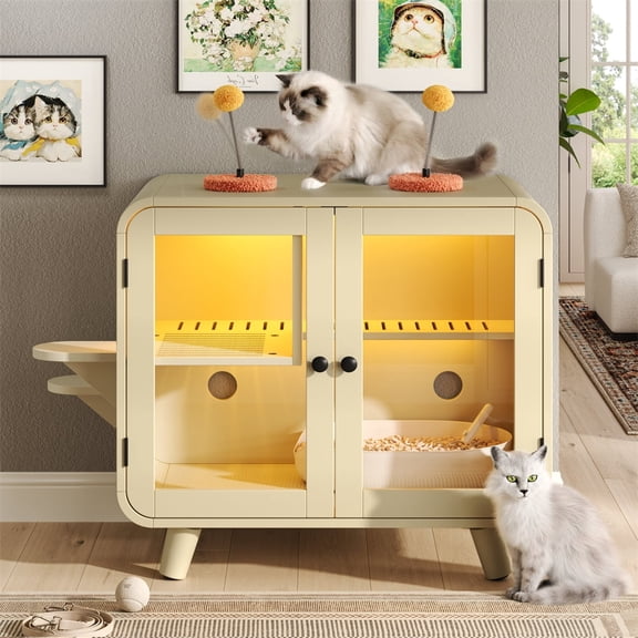 Cat Litter Box Enclosure, 31" Cat House Indoor Washroom Cabinet with Stairs and Cat Pom, Beige