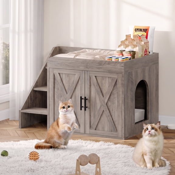 Cat Litter Box Enclosure, 32" Hidden Litter Box Furniture with Pet Stairs , Cat Washroom with Large Interior, Farmhouse Indoor Litter Box Cabinet, Grey