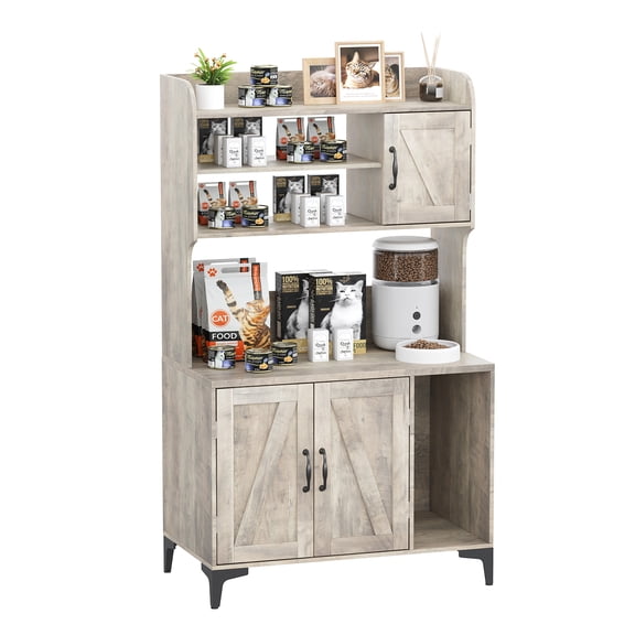 Cat Litter Box Enclosure with 4 Storage Shelves and Scratch Pad, Multi-Functional Hidden Cabinet with Electrical Outlet, Wooden End Table for Living Room and Bedroom