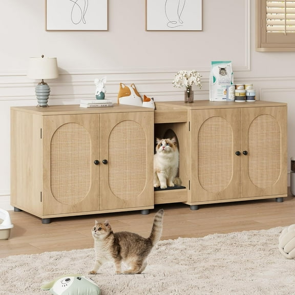 Cat Litter Box Enclosure 55.1" Double Litter Box Furniture Large Cat Box Enclosure Kitty Litter Box for 2 Cats Hidden Cat Litter Cabinet Double Cage with Cat Litter pad Rattan Door