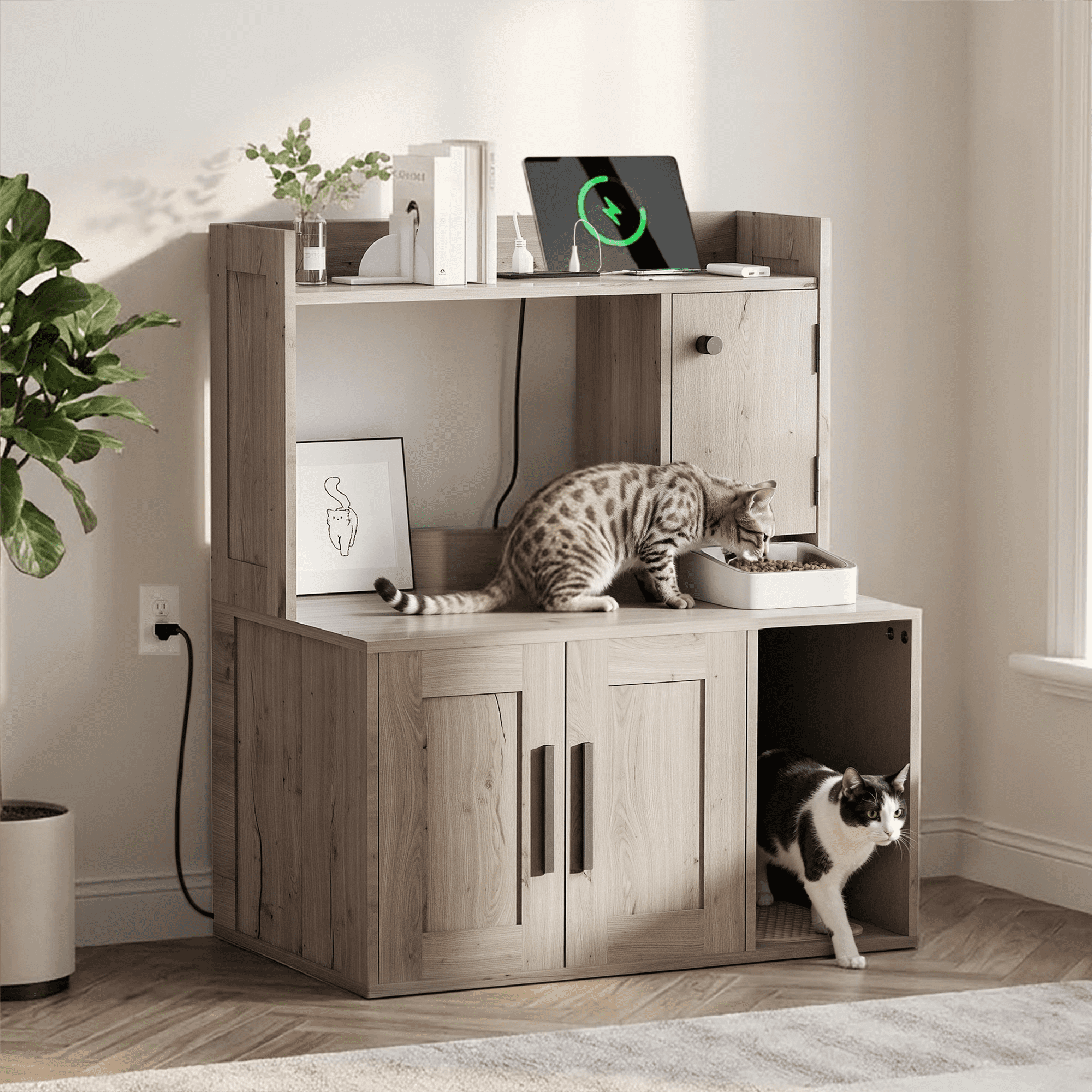 Whifea Hidden Cat Litter Box Enclosure Cabinet with Power Strip, Shelves & Storage, Pet Feeding Station Furniture