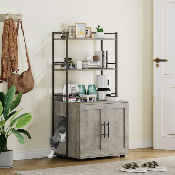 Cat Litter Box Enclosure Cabinet with Storage Shelves, 2-in-1 Hidden Litter Box Furniture with Door & 3 Shelves, Indoor Cat House Organizer, Grey