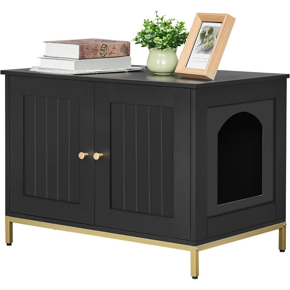 Cat Litter Box Enclosure, Cat Washroom Furniture with Metal Frame, Pet House, Fit Most of Litter Box, Modern Style, Black and Gold