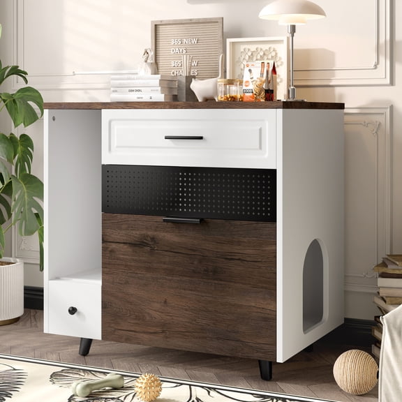 Cat Litter Box Enclosure with Collect Cat Litter, Indoor Hidden Cat Litter Box Furniture with 2 Drawers and Door, Cat House End Table for Living room, White and Brown