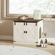 Hzuaneri 23.6 inch Cat Litter Box Enclosure, Hidden Litter Box Furniture Cabinet with Cushion for Cat, Wooden Cat House Reversible Entrance Left or Right Side, Rustic White and Brown