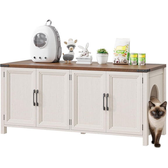 Cat Litter Box Enclosure with Double Room, 47.2" Hidden Litter Box Furniture with Soft-Close Doors for 2 Cats, Reversible Entrance, Indoor Cat House & End Table for Living Room, White Brown
