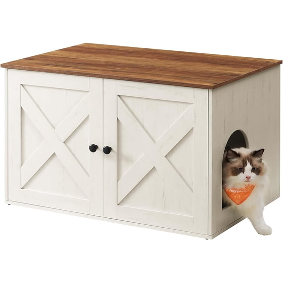 Cat Litter Box Enclosure, End Table, 31.5 x 20.9 x 19.7 Inches | Litter Box Furniture Hidden with Removable Divider, Indoor Cat House,Honey Brown and Rustic White UPCL002P01