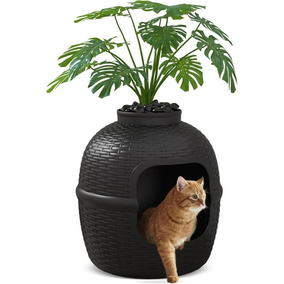 Cat Litter Box Enclosure with Faux Plant & Real Stones, Hidden Litter Box with Odor Control Carbon Filter, Home DIY Decor Furniture for Large Cat, Black